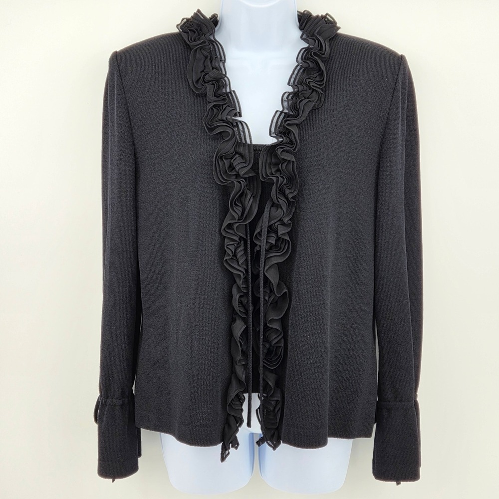 St John Marie Gray Santana Knit Black Ruffle Cardigan 8 & Large Tank Top Vintage